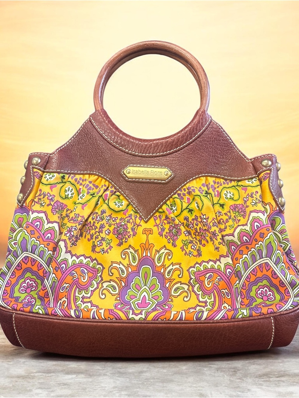 Isabella Fiore Yellow Paisley Tote with Brown Trim and Round Handles